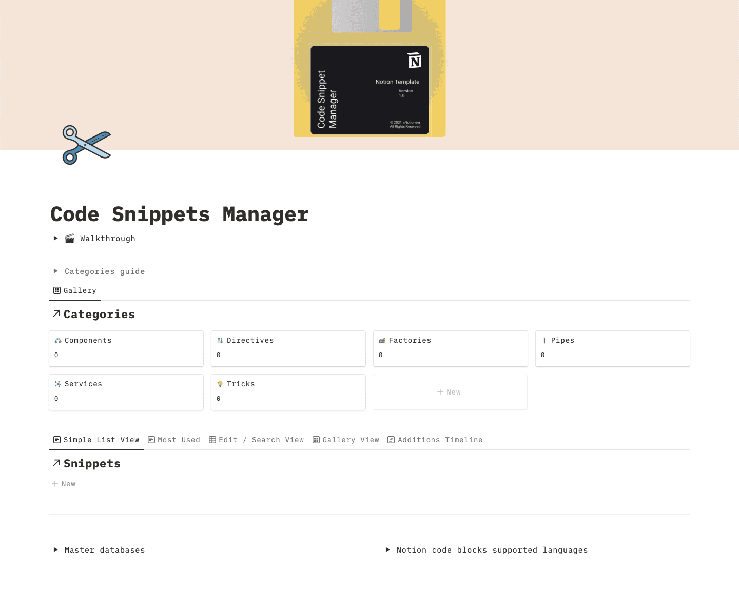 Screenshot of the Code Snippets Manager Notion template