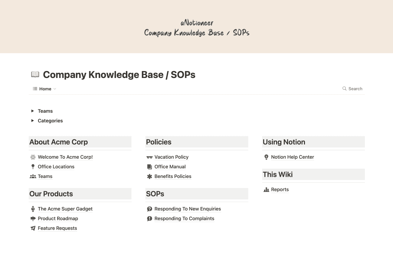 Screenshot of the Company Knowledge Base / SOPs Notion template