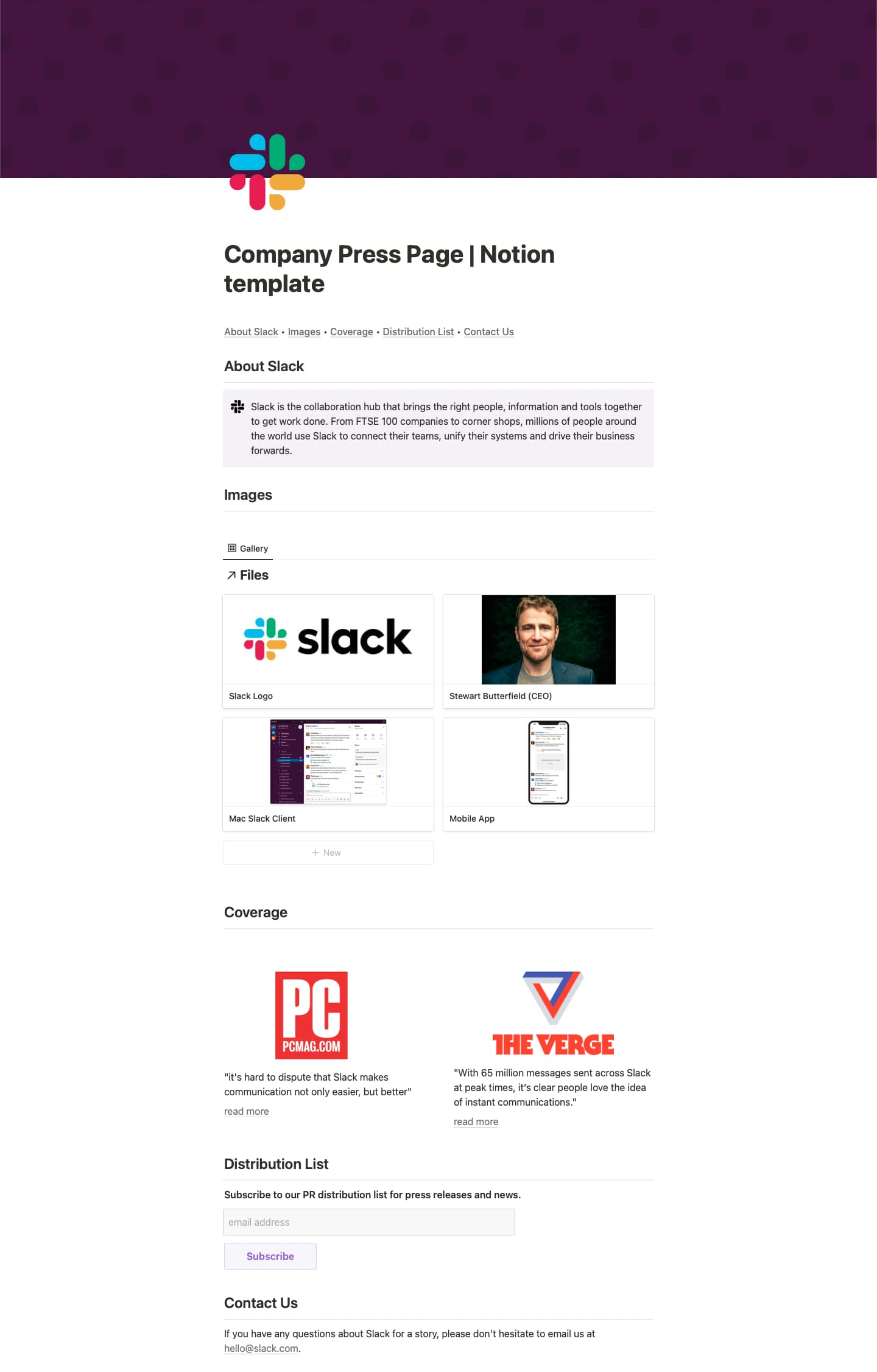 Screenshot of the Company Press Page Notion template