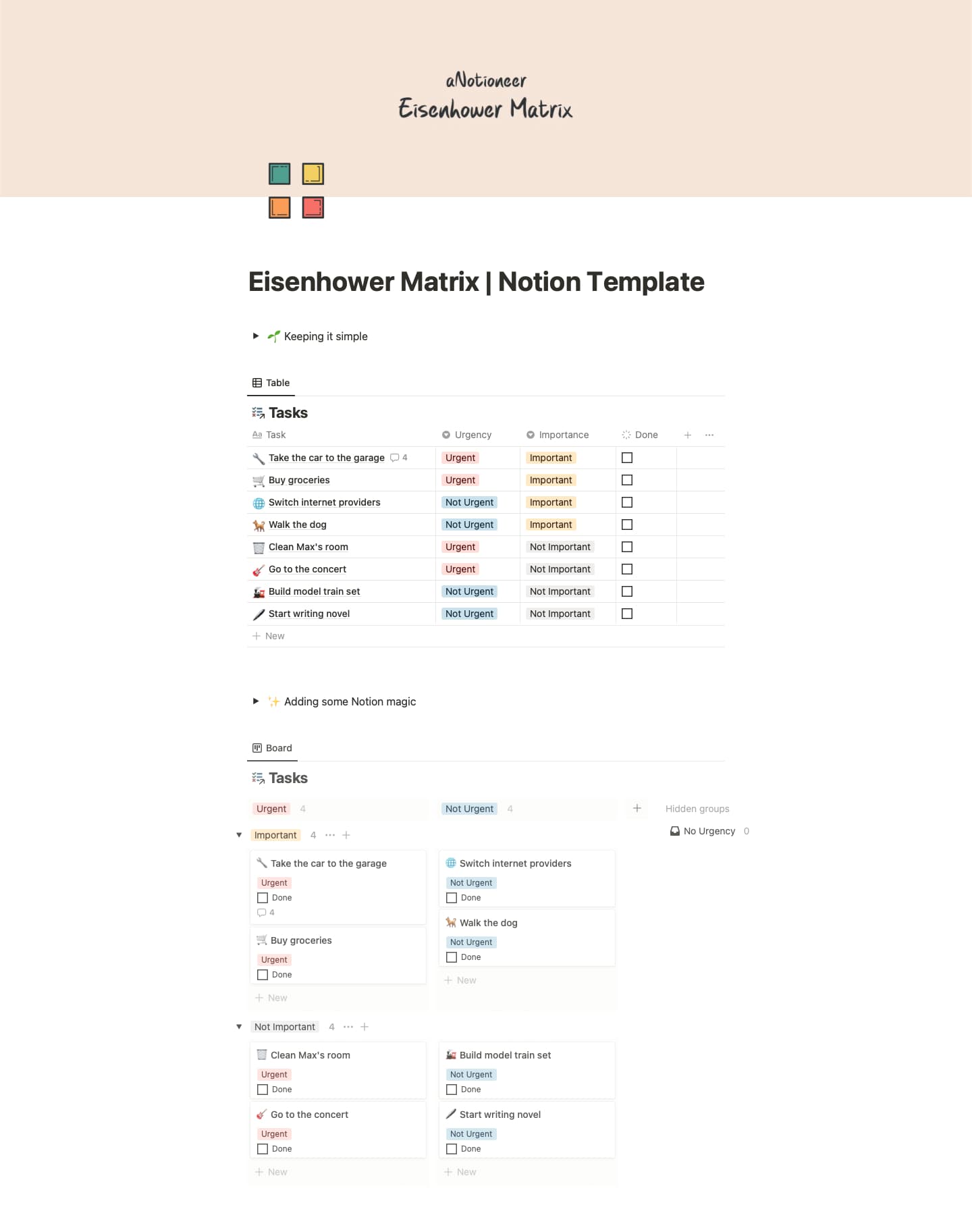 Screenshot of the Eisenhower Matrix Notion template