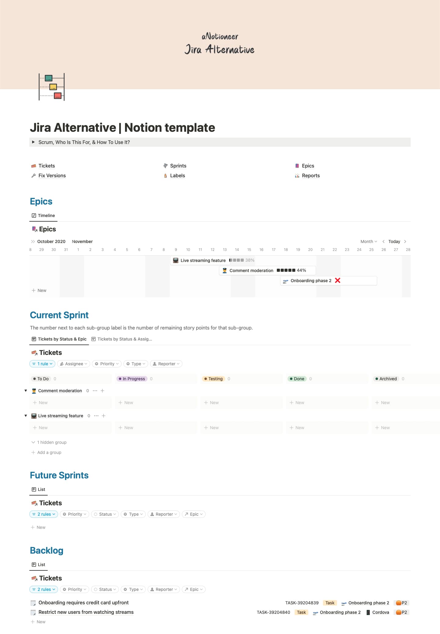 Screenshot of the Jira Alternative Notion template