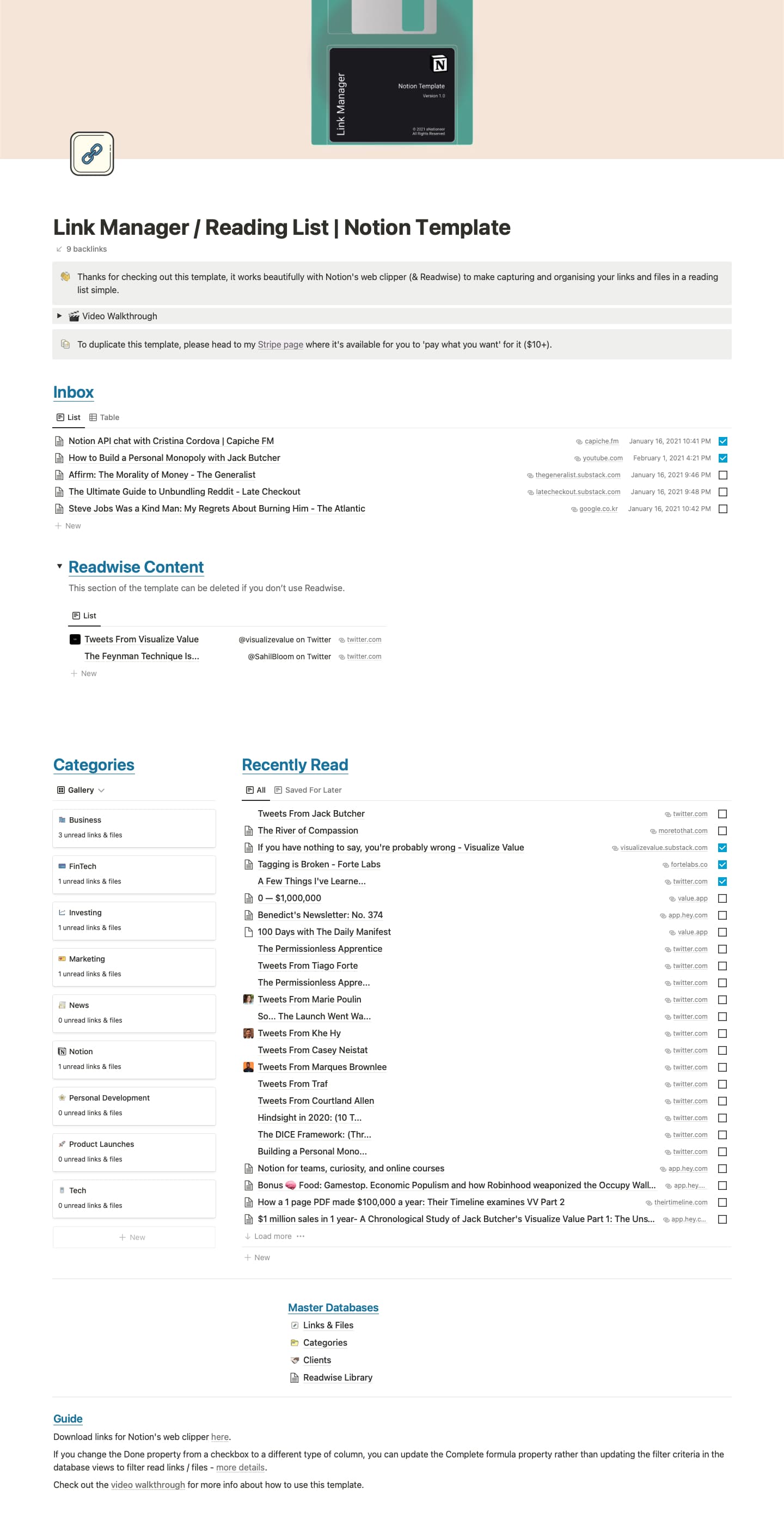 Screenshot of the Link Manager / Reading List Notion template