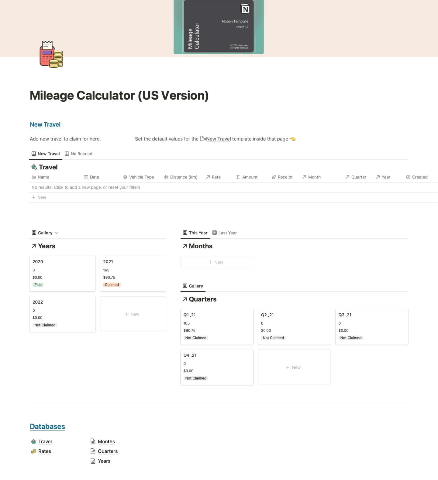 Screenshot of the Mileage Calculator Notion template