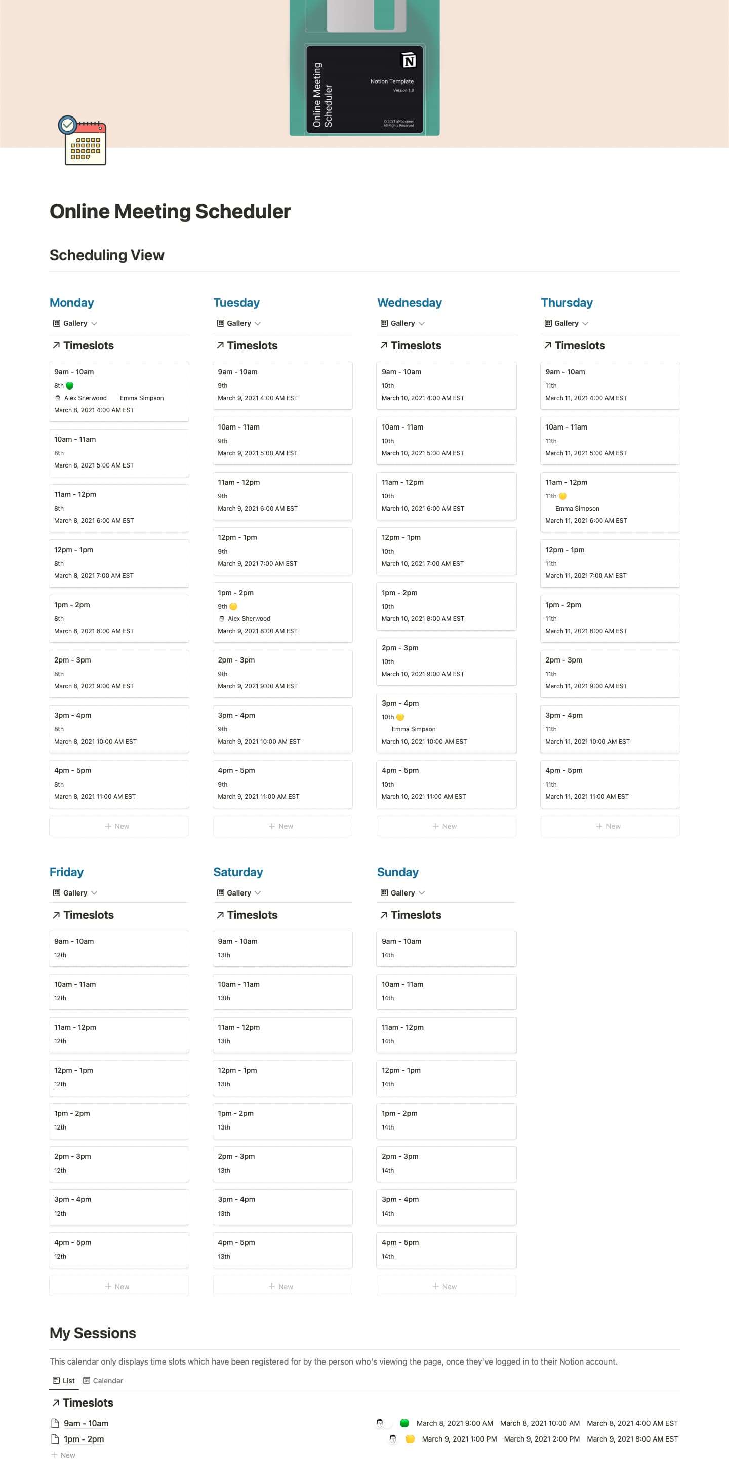 Screenshot of the Online Meeting Scheduler Notion template