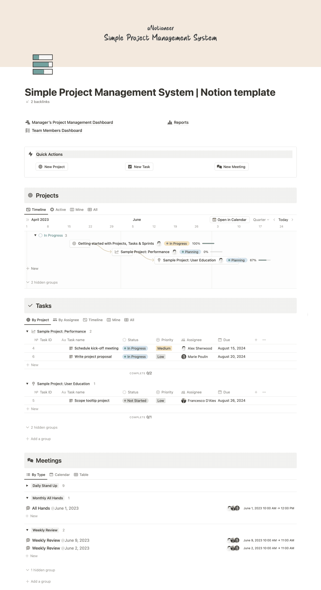 Screenshot of the Simple Project Management System Notion template