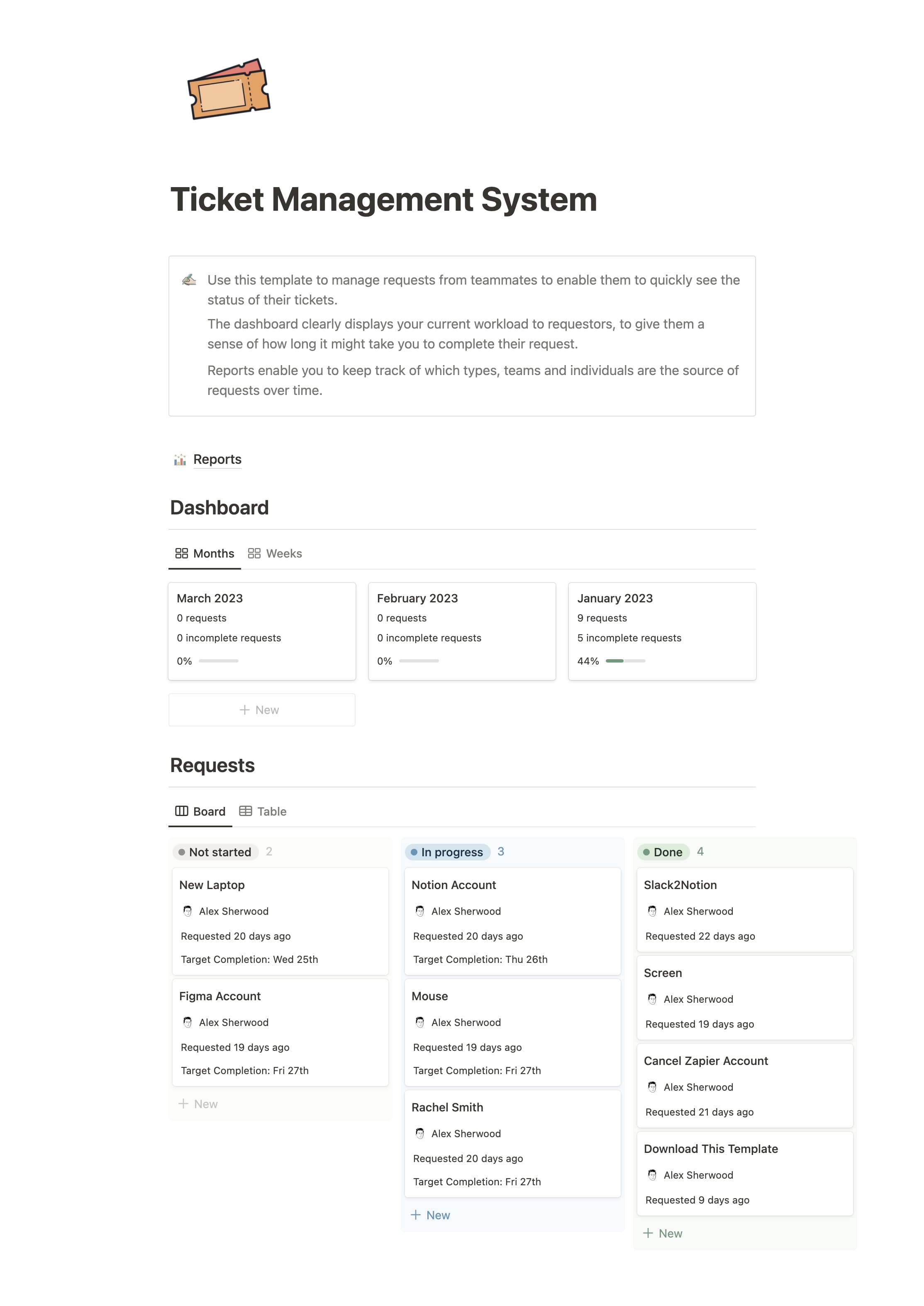 Screenshot of the Ticket Management System Notion template