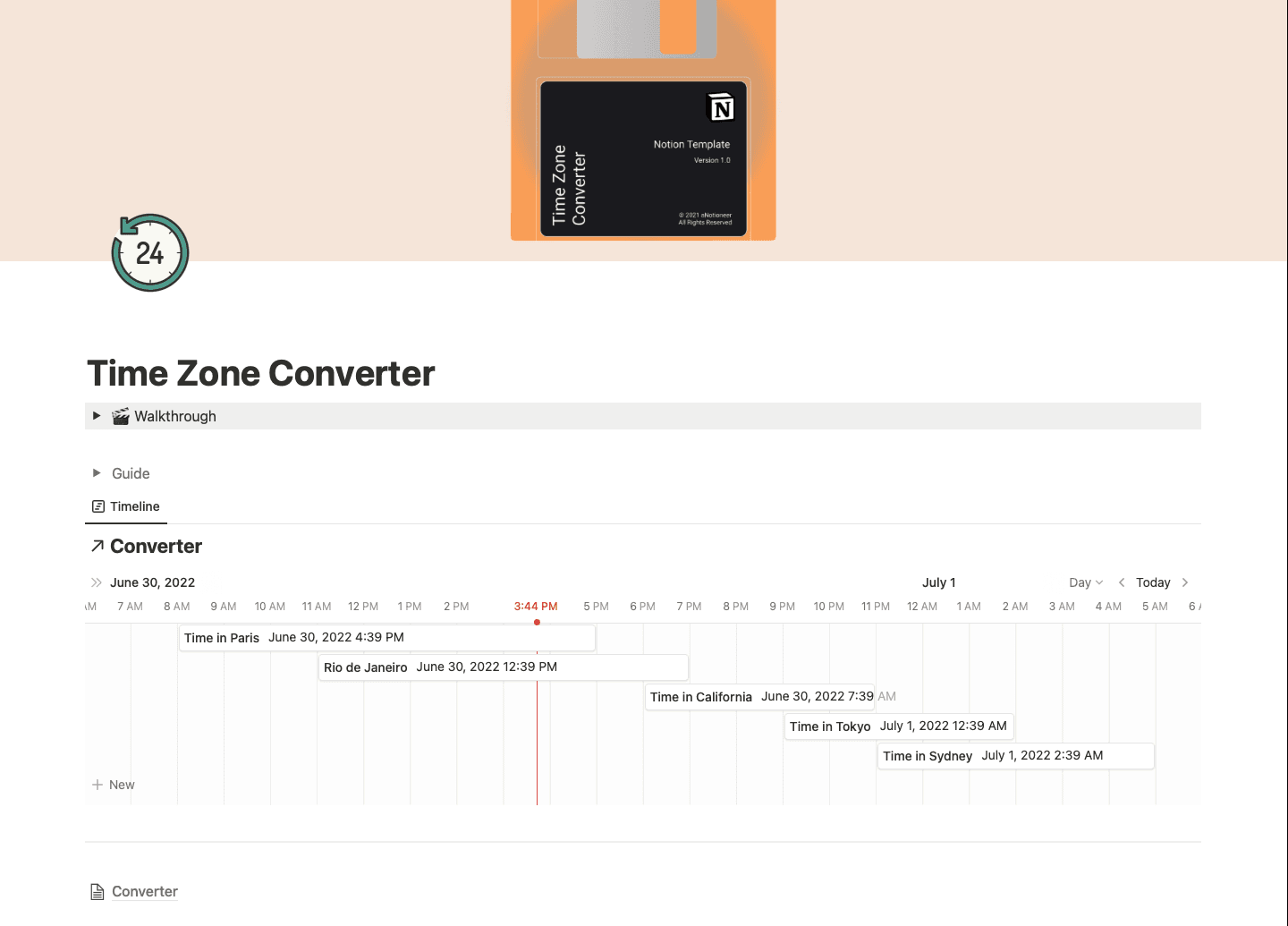 Screenshot of the Time Zone Converter Notion template