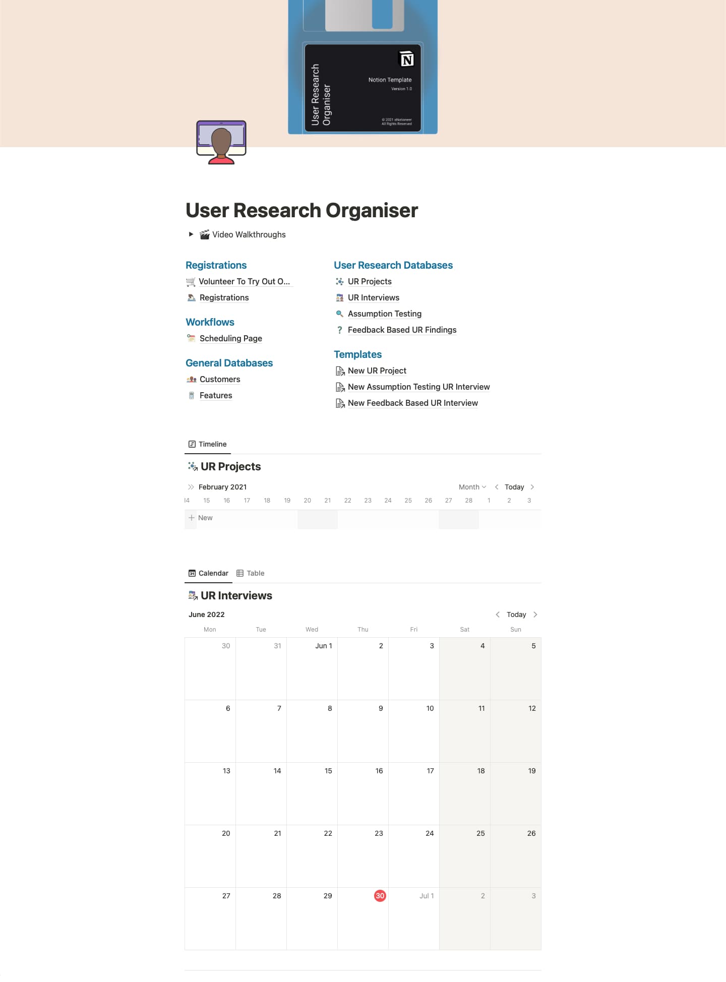 Screenshot of the User Research Organizer Notion template