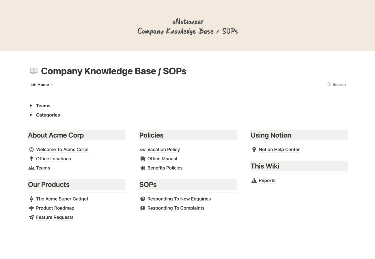Company Knowledge Base / SOPs | Notion Template — aNotioneer